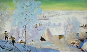 Landscapes Painting - skiers 1919 Boris Mikhailovich Kustodiev snow landscape